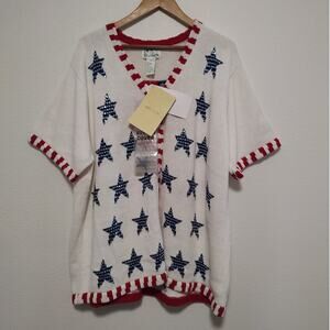 Quacker Factory White Blue Red Short Sleeve Patriotic Button Front Sweater 2X